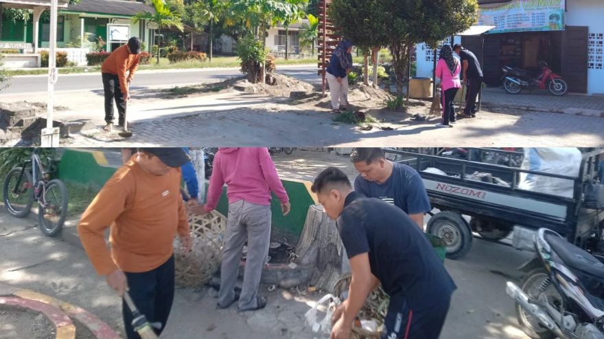 Gotong Royong Bersama, Pemdes Martebing Jaga Kebersihan Kantor Desa dan Taman Segitiga